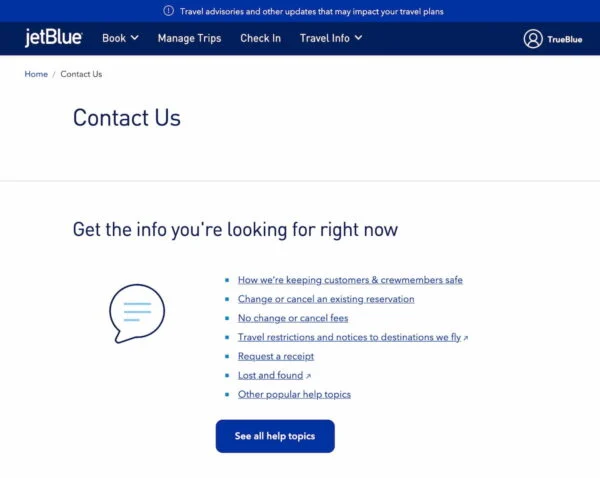 image of JetBlue's contact page
