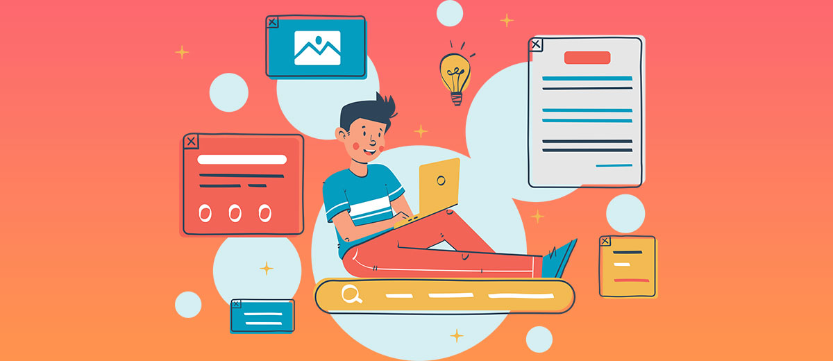 Image illustration of a young man using his laptop to search.