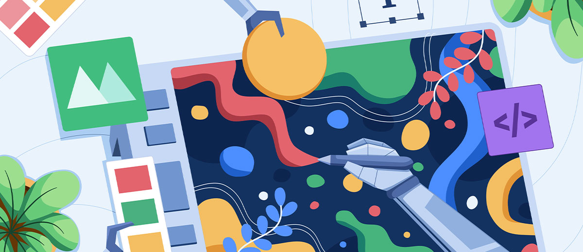 Illustration of robot arms drawing shapes on a screen.