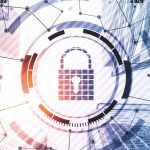 Image of a digital lock overlaid a background of business buildings.