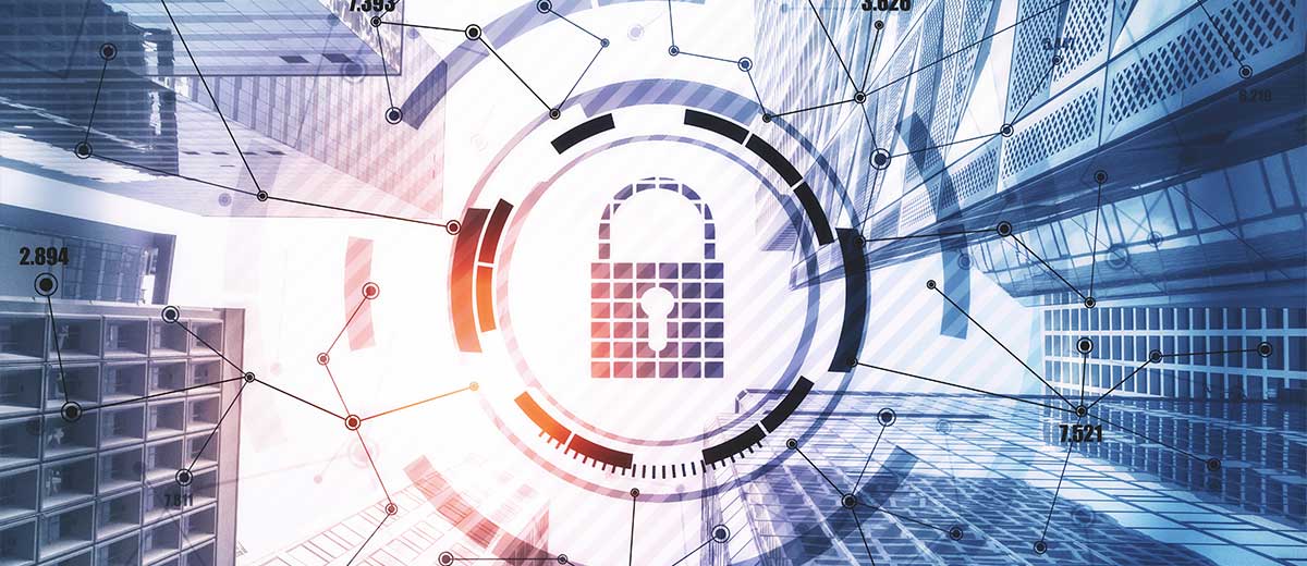 Image of a digital lock overlaid a background of business buildings.